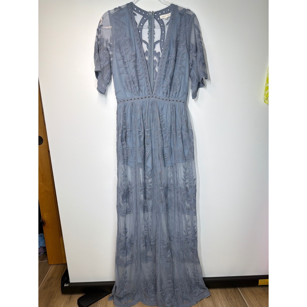Honey Punch Mila Dusty Blue Lace Romper Maxi Dress | Size Medium - Picture 6 of 15